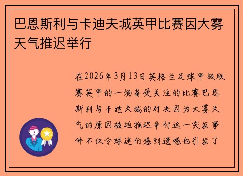 巴恩斯利与卡迪夫城英甲比赛因大雾天气推迟举行